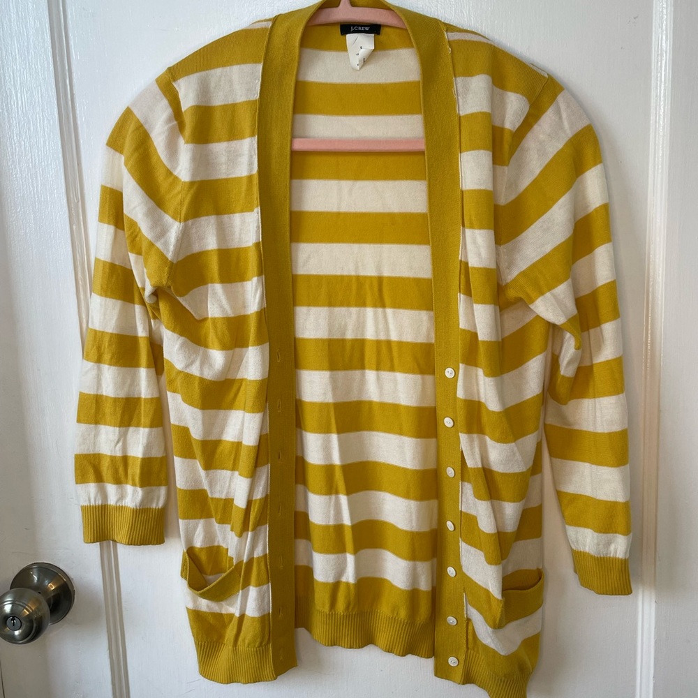 J Crew Striped Yellow and White Cardigan Sweater